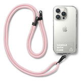 Holder Link Strap | Clear - Pink braided phone lanyard with black clips attached to a clear iPhone case.