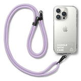 Holder Link Strap | Clear - Lavender braided phone lanyard attached to a clear iPhone case with Handle With Care text.