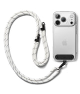 Holder Link Strap | Black - White rope lanyard with black accents attached to a clear smartphone case on a white background.