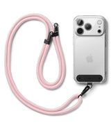 Holder Link Strap | Black - A light pink braided phone lanyard attached to a clear smartphone case with a black mounting tab.