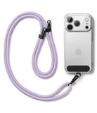 Holder Link Strap | Black - Lavender woven lanyard attached to a clear smartphone case with a black mounting tab.