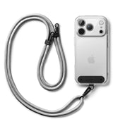 Holder Link Strap | Black - Silver braided phone lanyard attached to a clear smartphone case with a black bottom anchor.