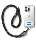 Ringke Strap Holder Link Design - Black and white woven lanyard attached to a clear phone case with a 404 error sticker.