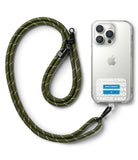 Ringke Strap Holder Link Design - Olive green rope lanyard attached to a clear iPhone case with an error 404 sticker.