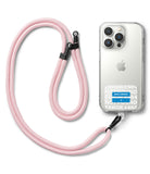 Ringke Strap Holder Link Design - A pink woven phone lanyard attached to a clear iPhone case with a 404 error sticker.