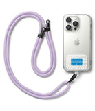 Ringke Strap Holder Link Design - Lavender rope lanyard attached to a clear phone case with a 404 error sticker.