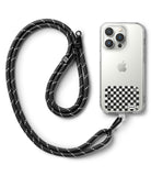 Ringke Strap Holder Link Design - Smartphone with a checkered strap holder attached to a black and white rope lanyard.