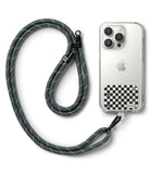 Ringke Strap Holder Link Design - Gray rope lanyard attached to a clear phone case with a checkered sticker insert.