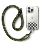 Ringke Strap Holder Link Design - Olive green rope lanyard attached to a clear phone case with a checkered sticker.