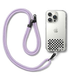 Ringke Strap Holder Link Design - A lavender rope lanyard attached to a clear phone case with a black and white checkered patch.