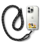 Ringke Strap Holder Link Design - Black and white woven lanyard attached to a clear iPhone case with colorful stickers.