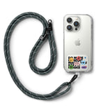 Ringke Strap Holder Link Design - A clear phone case with colorful stickers attached to a grey woven lanyard via a strap link.