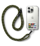 Ringke Strap Holder Link Design - Olive green rope lanyard attached to a clear iPhone case with colorful stickers.