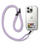 Ringke Strap Holder Link Design - A clear phone case with colorful stickers attached to a lavender rope lanyard via a clip.