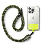 Holder Link Strap | Tarpaulin Neon Green - Olive green rope lanyard attached to a clear phone case with neon green tag.