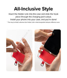 Holder Link Strap | Tarpaulin Neon Green - Two hands installing a red phone strap anchor into a clear phone case.