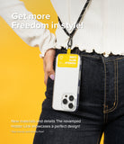 Holder Link Strap | Tarpaulin Red - Person wearing a phone on a black and white lanyard with a yellow Care With Handle tag.