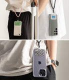 Ringke Strap Holder Link Design - Three views of phones worn around the neck using adhesive strap holders with patterns.