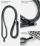 Ringke Strap Holder Link Design - Gray rope-style strap with black metal clips, aperture, and tab closure details.