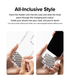 Ringke Strap Holder Link Design - Hands inserting a checkered strap holder into a clear phone case through the charging port.