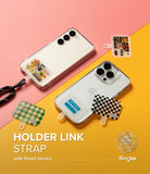 Ringke Strap Holder Link Design - Two smartphones with clear cases and decorative strap holders on a two-tone background.