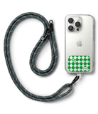 Ringke Strap Holder Link Design - A smartphone with a green and white checkered sticker attached to a grey rope lanyard.