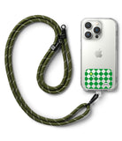 Ringke Strap Holder Link Design - Olive green rope lanyard attached to a clear phone case with a green checkered patch.