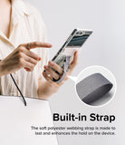 Galaxy Z Flip 6 / 5 / 4 / 3 | Hinge Cover - Person holding a Galaxy Z Flip with a gray polyester strap and ring attached.