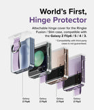 Galaxy Z Flip 6 / 5 / 4 / 3 | Hinge Cover - Four Galaxy Z Flip phones in clear cases with purple hinge covers and straps.