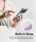 Galaxy Z Flip 6 / 5 / 4 / 3 | Hinge Cover - Person holding a Galaxy Z Flip with a lavender polyester strap attached.