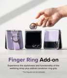 Galaxy Z Flip 6 / 5 / 4 / 3 | Hinge Cover - Three purple Galaxy Z Flip phones in clear cases with a removable ring grip.