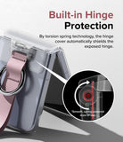 Galaxy Z Flip 6 / 5 / 4 / 3 | Hinge Cover - Clear phone case with pink strap and spring-loaded hinge protection mechanism.