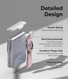 Galaxy Z Flip 6 / 5 / 4 / 3 | Hinge Cover - Exploded view of a phone hinge cover with spring, polycarbonate shell, carabiner, and strap.