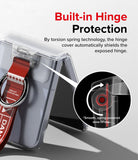Galaxy Z Flip 7 FE / 6 / 5 / 4 / 3 | Hinge Cover Tarpaulin - Clear phone case with red strap and spring-loaded hinge cover.