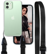 iPhone 12 Mini Case | Air + Shoulder Strap - Clear phone case with a black adjustable strap and lifestyle photo.