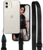 iPhone 12 Mini Case | Air + Shoulder Strap - Glittery clear phone case with a black adjustable shoulder strap.