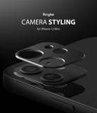 iPhone 12 Mini | Camera Styling - Black metal camera lens protector hovering above an iPhone 12 Mini camera module.