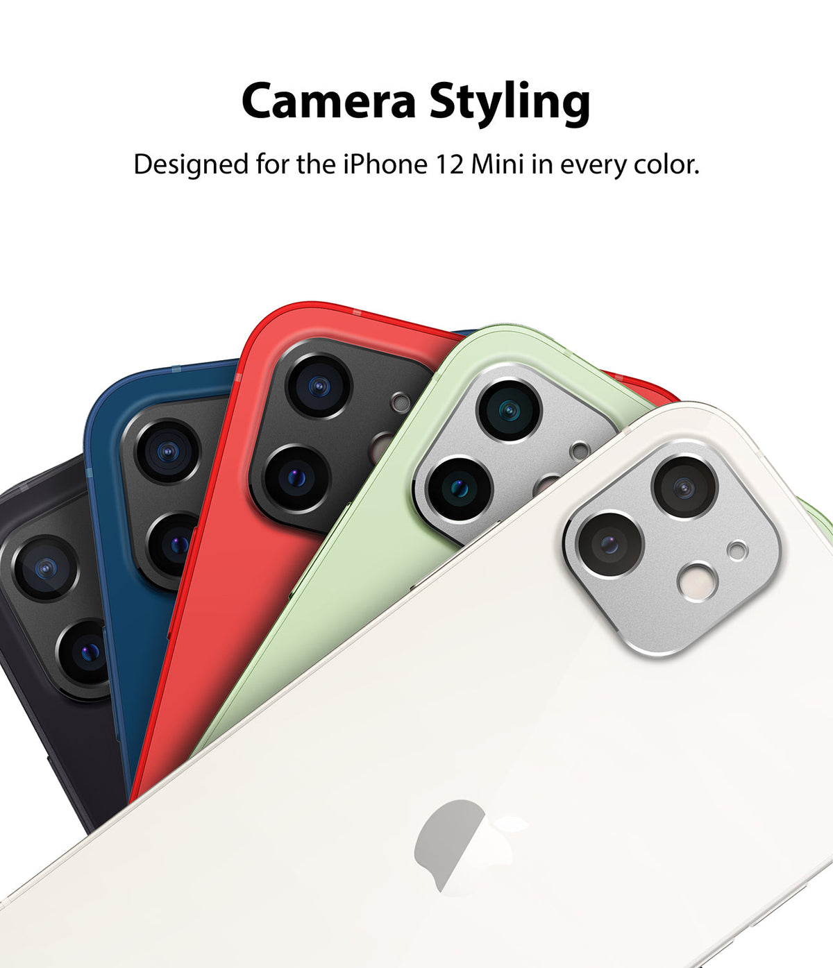 iPhone 12 Mini | Camera Styling - Five iPhone 12 Mini phones in different colors arranged in a fan shape showing camera covers.