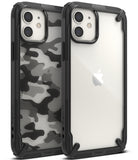 iPhone 12 Mini Case | Fusion-X - Two iPhone 12 Mini phones in black Fusion-X cases, one with camo pattern and one clear.