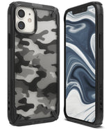 iPhone 12 Mini Case | Fusion-X - Black and white camo phone case with a rugged frame and marble-patterned screen display.