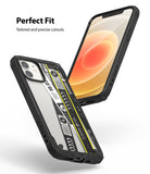 iPhone 12 Mini Case | Fusion-X Design - Two views of a black protective phone case with a clear back and graphic insert.