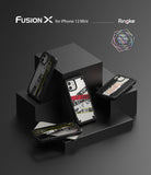 iPhone 12 Mini Case | Fusion-X Design - Four iPhone 12 Mini cases with graphic designs displayed on black geometric blocks.