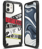 iPhone 12 Mini Case | Fusion-X Design - Rugged black case with a clear back featuring layered ticket-style graphic prints.