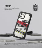 iPhone 12 Mini Case | Fusion-X Design - A clear, rugged iPhone 12 Mini case with graphic stickers on a grey background.