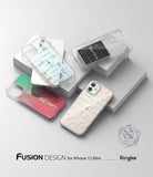 iPhone 12 Mini Case | Fusion Design - Three clear iPhone 12 Mini cases with unique graphic designs displayed on white blocks.