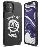 iPhone 12 Mini Case | Onyx Design - Black case with white graffiti smiley face, text, and purple marble screen wallpaper.