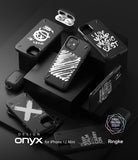 iPhone 12 Mini Case | Onyx Design - Multiple black phone cases with various white graphic prints arranged on black blocks.