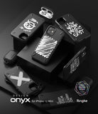 iPhone 12 Mini Case | Onyx Design - Multiple black iPhone 12 Mini cases with various white graphic prints on black blocks.