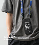 iPhone 12 Mini Case | Onyx Design - Black phone case with graffiti art hanging from a blue branded neck lanyard.