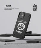 iPhone 12 Mini Case | Onyx Design - Black phone case with white graffiti art featuring a sad face and text on a gray background.